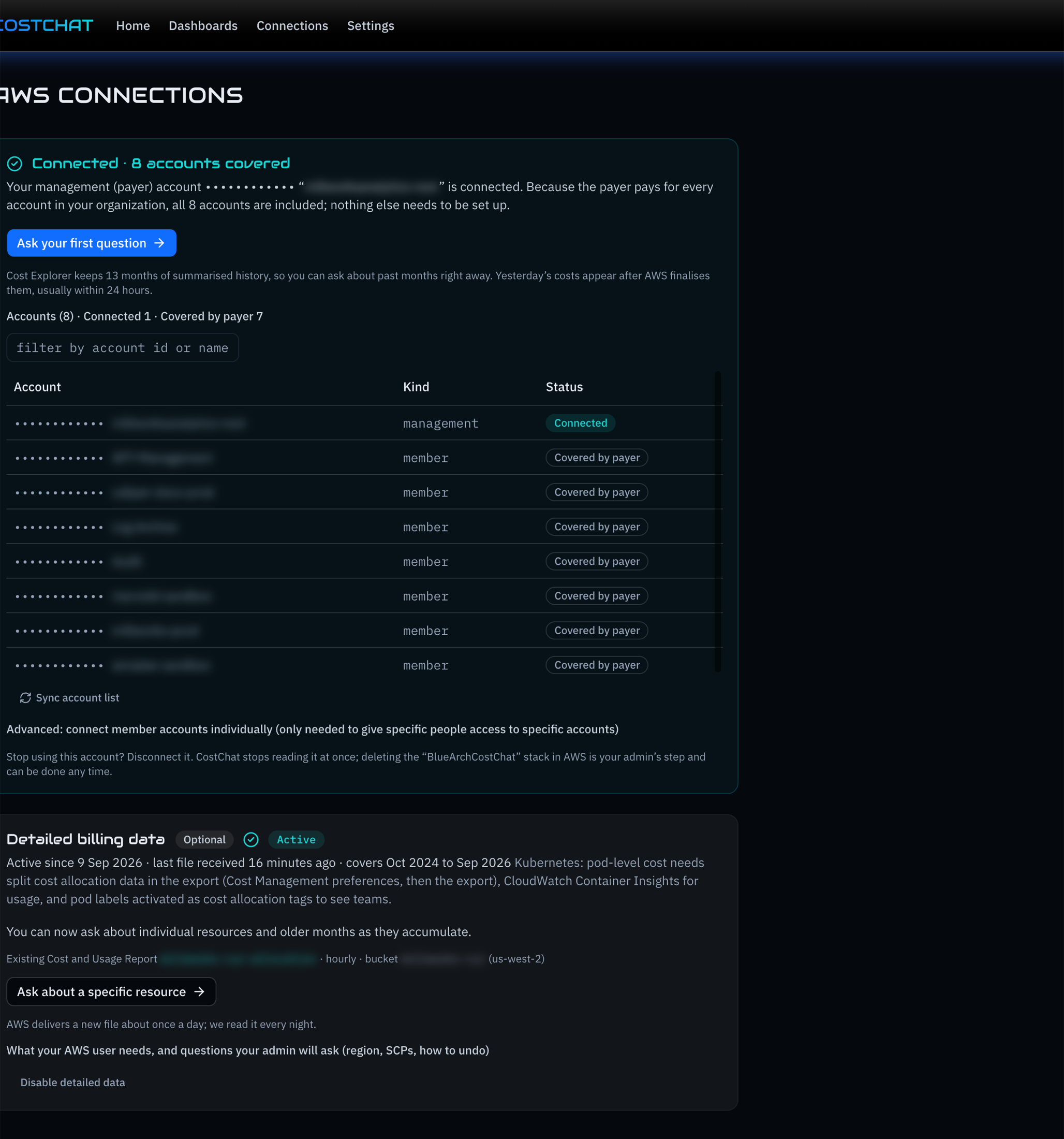 CostChat connections: the management account connected and eight accounts covered by the payer, then the optional detailed billing data, active
