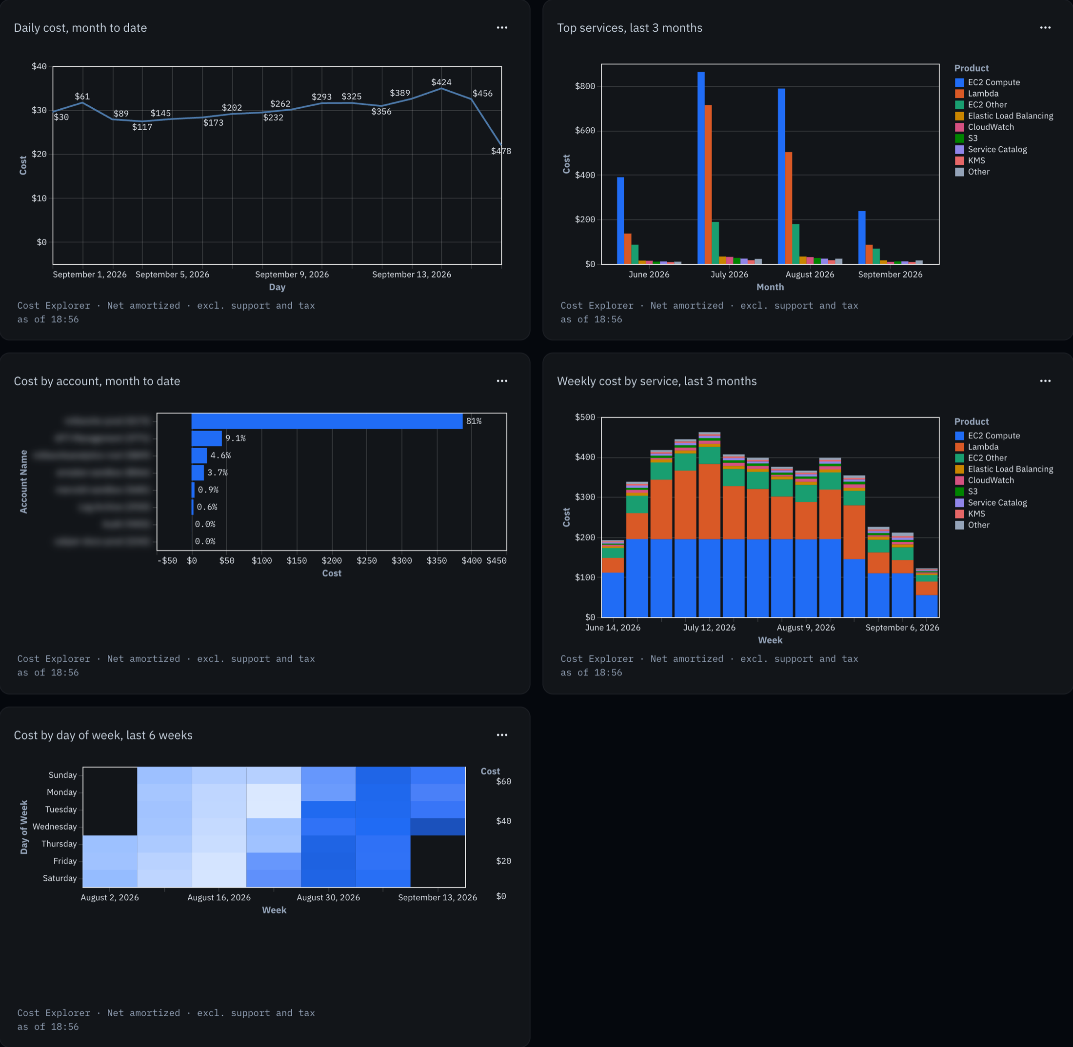 The Overview dashboard: five live tiles — daily cost month to date, top services, cost by account, weekly cost by service and a day-of-week heat map